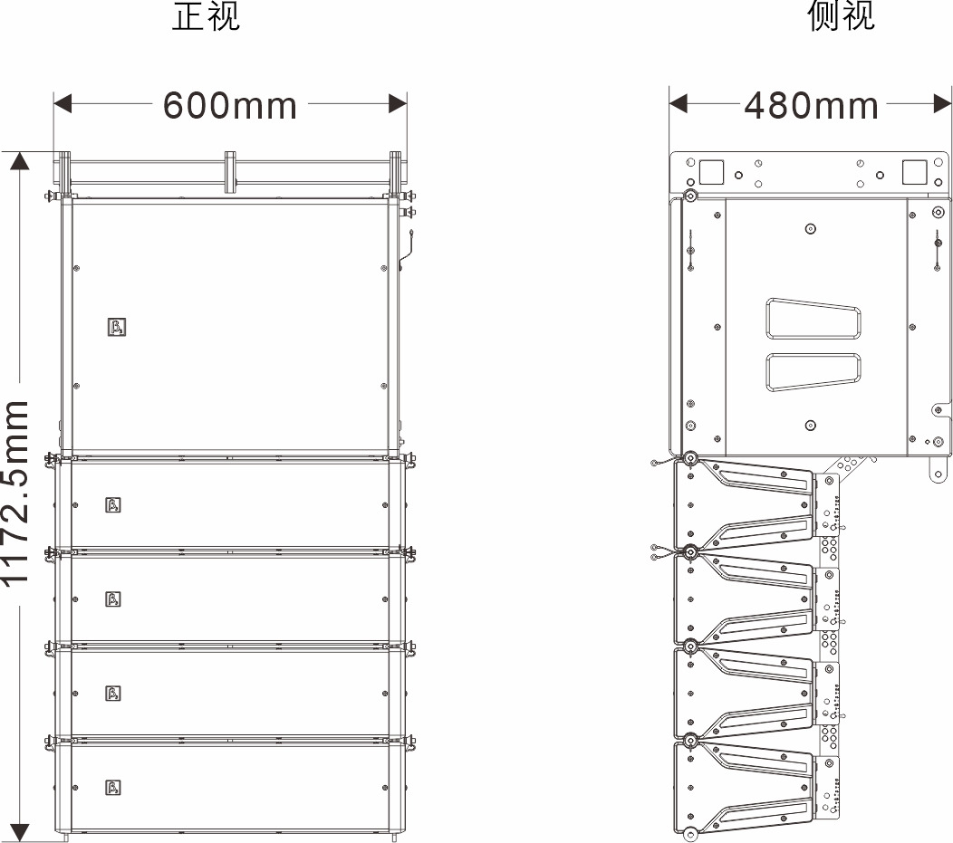 雙5英寸中型陣列揚聲器系統尺寸圖