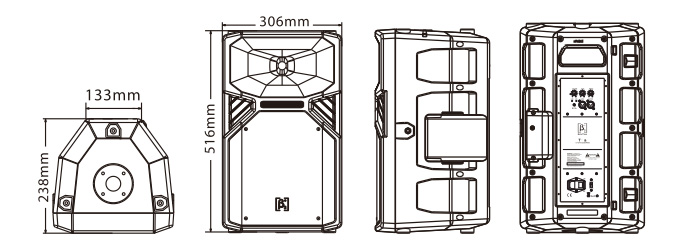 2分頻10英寸DSP有源全頻塑膠揚聲器系統尺寸圖